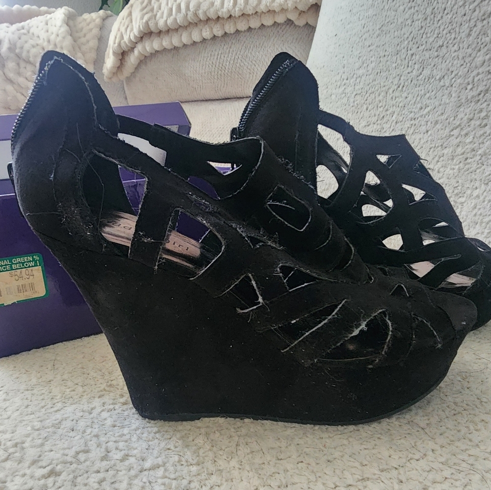 Women's Madden Girl Black Suede Wedge Sandals With Zip Back And 5" Heel